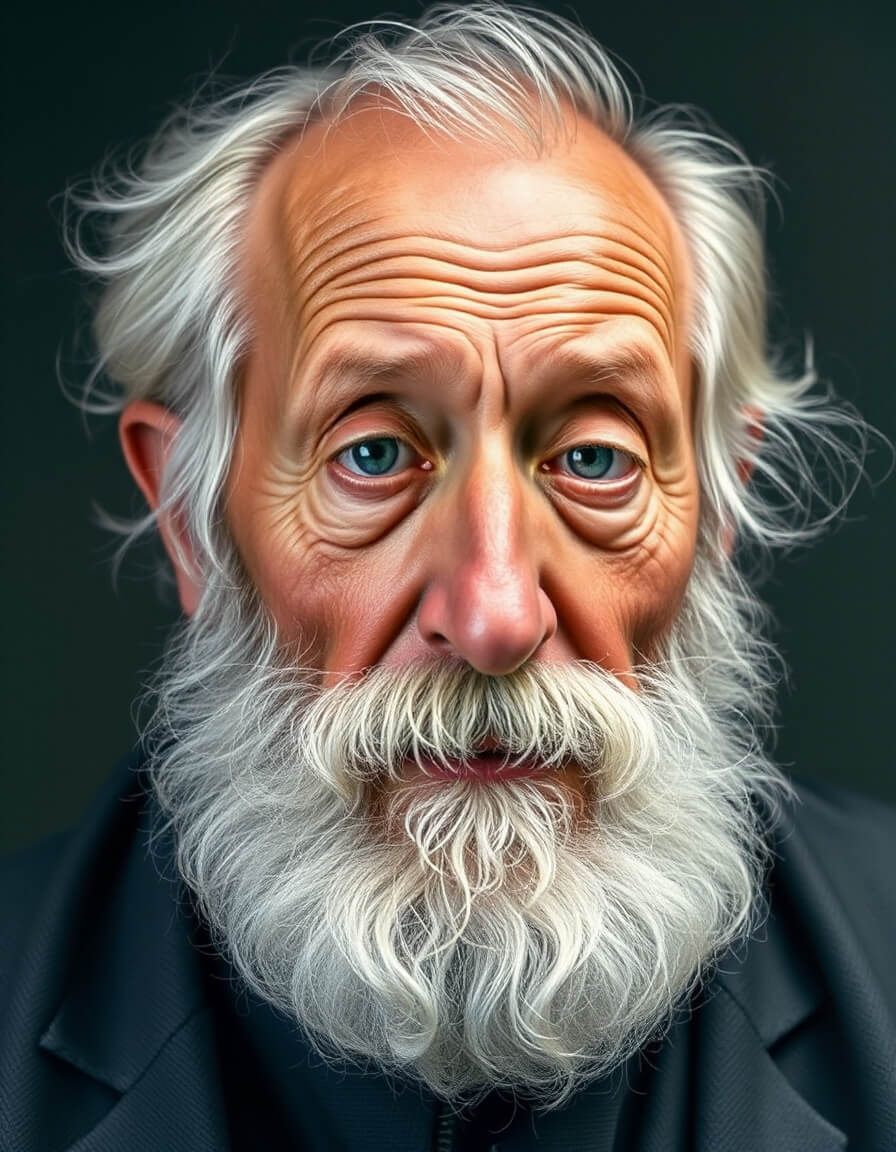 Elderly man with a white beard, wise and kind gaze