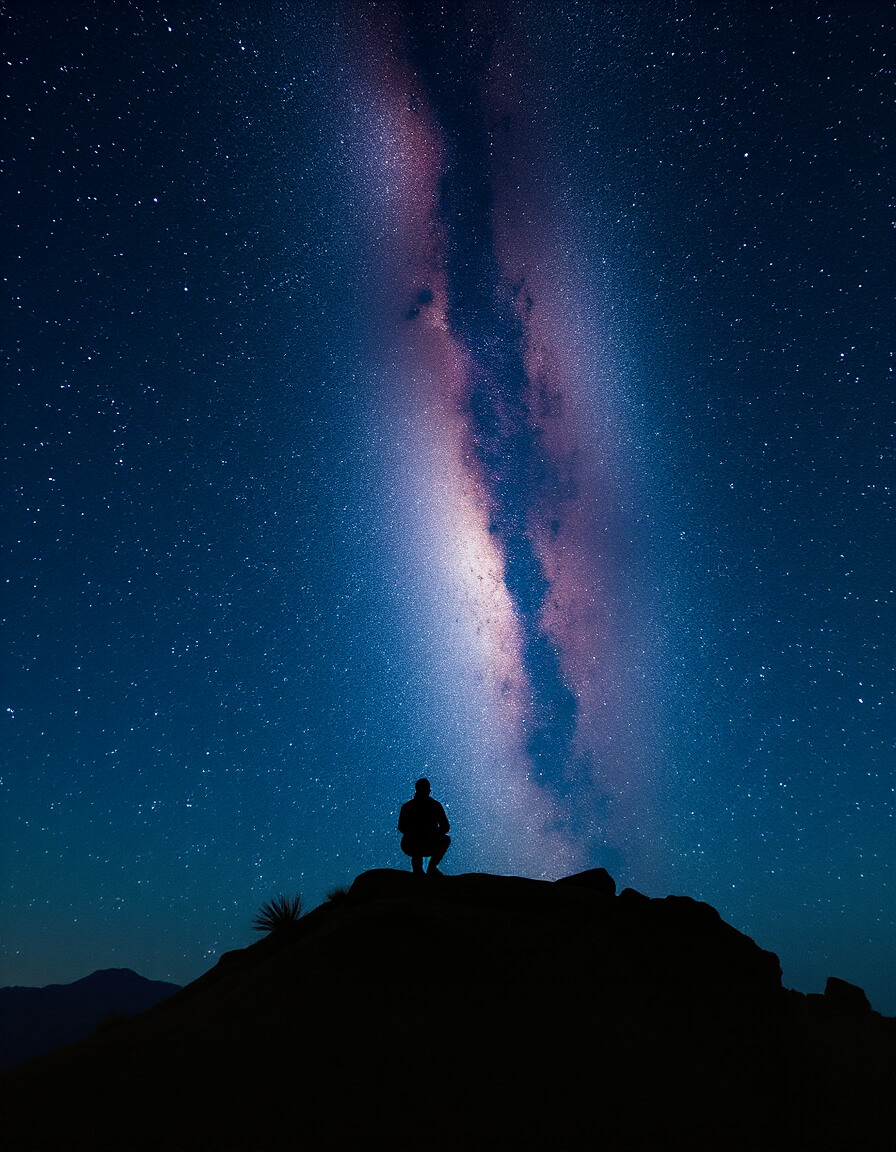 Silhouette facing the Milky Way, starry sky, cosmic contemplation