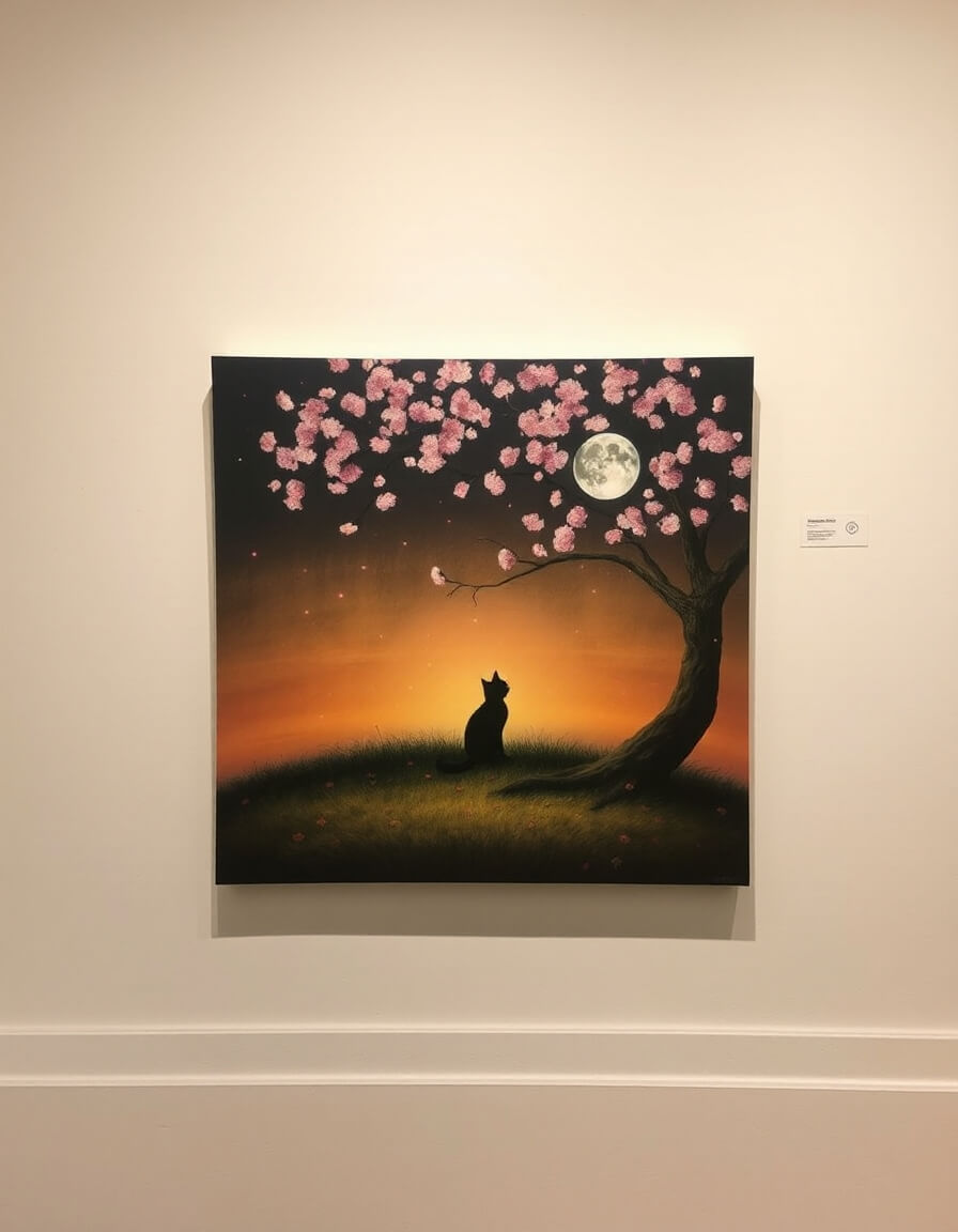 Cat under the cherry blossom, moon and dusk