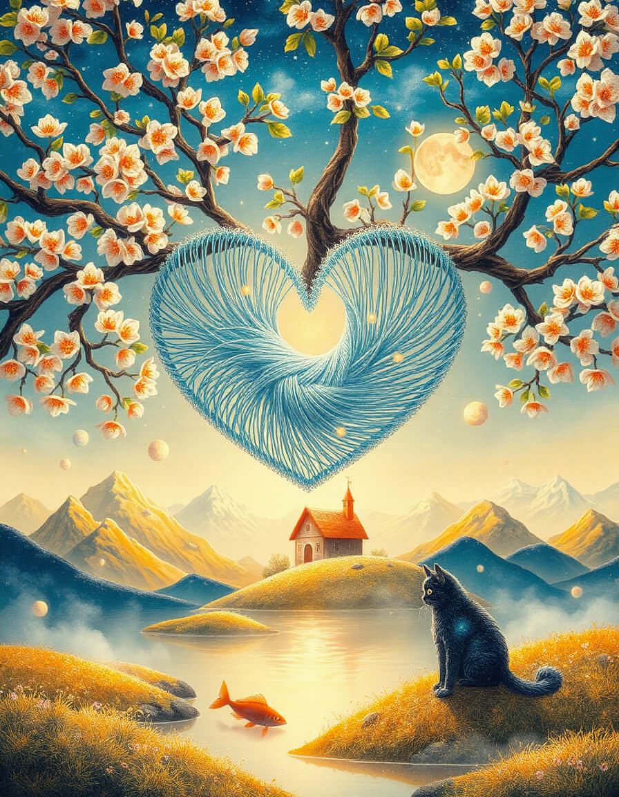 Mystical book, golden light, cherry tree in bloom, heart of the current