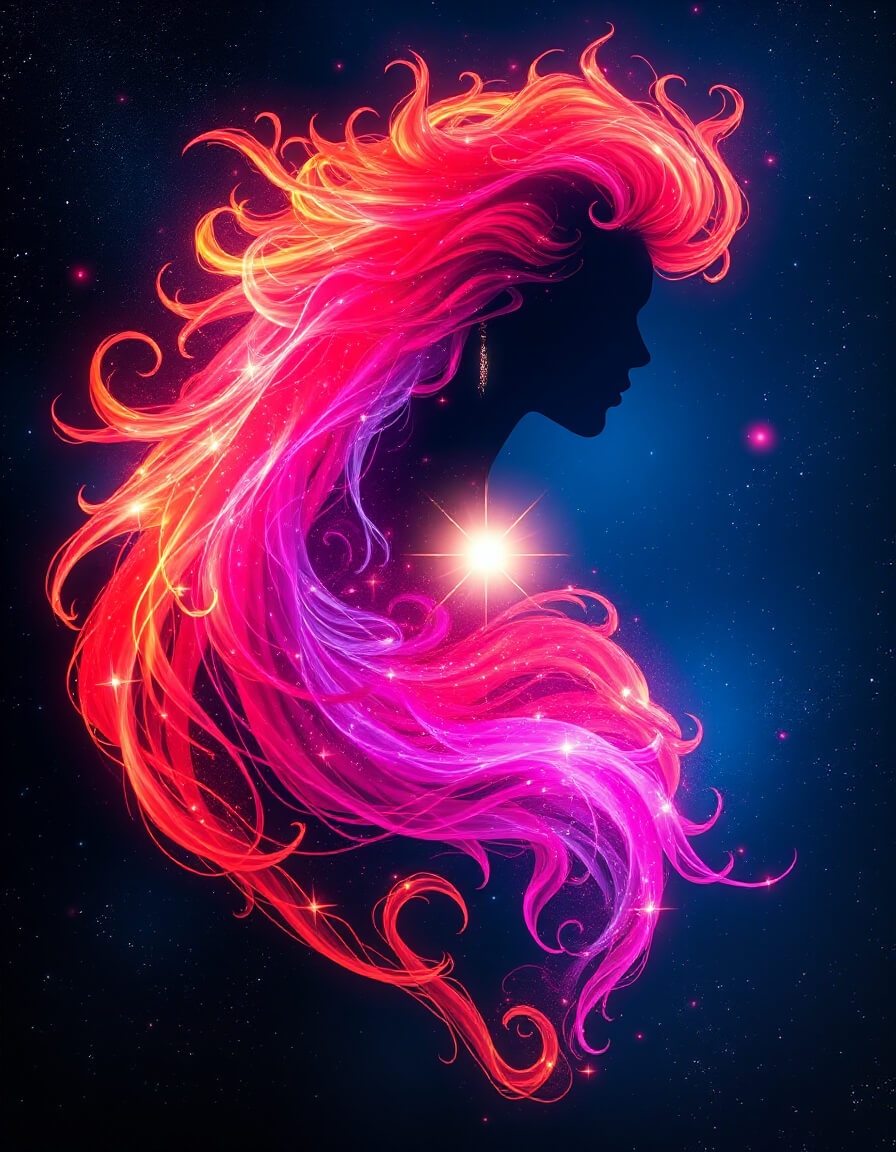 Feminine profile, cosmic hair